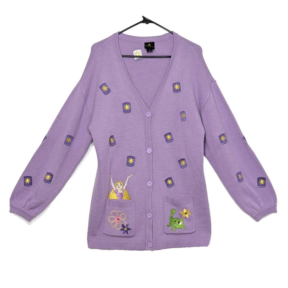 Disney Princess Womens Sz Large Purple Tangled Rapunzel Pascal Cardigan Sweater